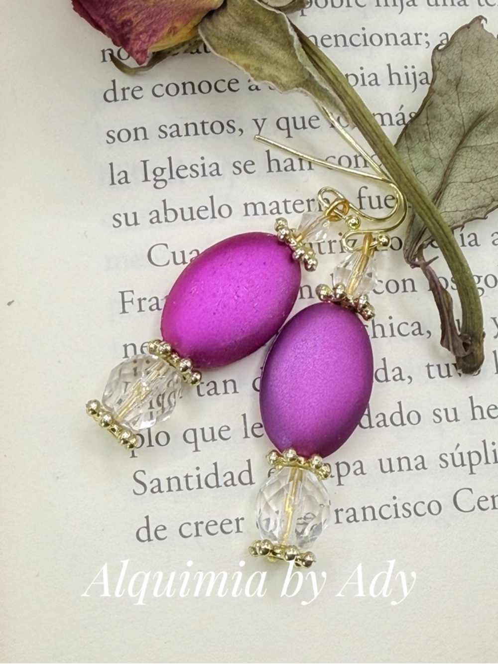 Alquimia Fuchsia Satin Oval Drop Earrings with Crystal Beads